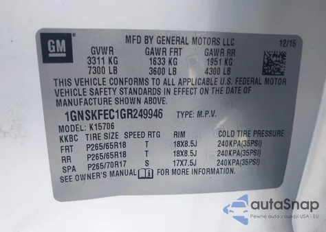 2016 Chevrolet Tahoe Commercial Fleet z USA, uszkodzony, nr VIN 1GNSKFEC1GR249946